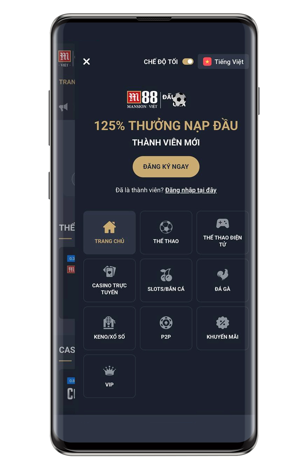 Ảnh chụp màn hình từ trang web di động của sòng bạc M88.