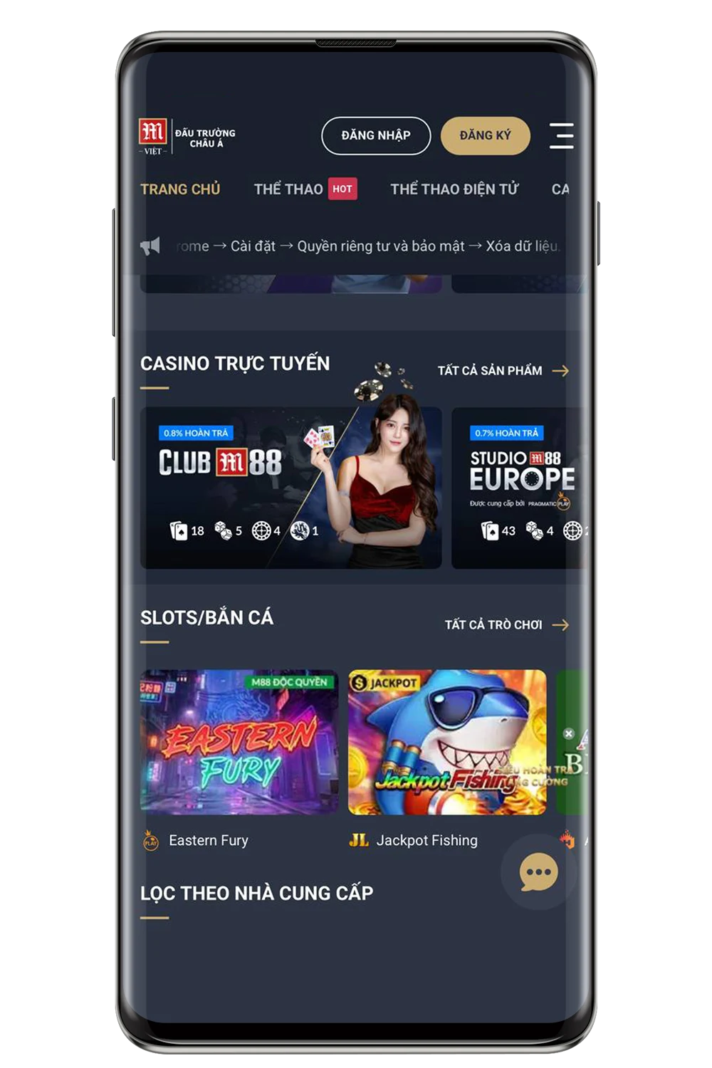 Ảnh chụp màn hình từ trang web di động của sòng bạc M88.
